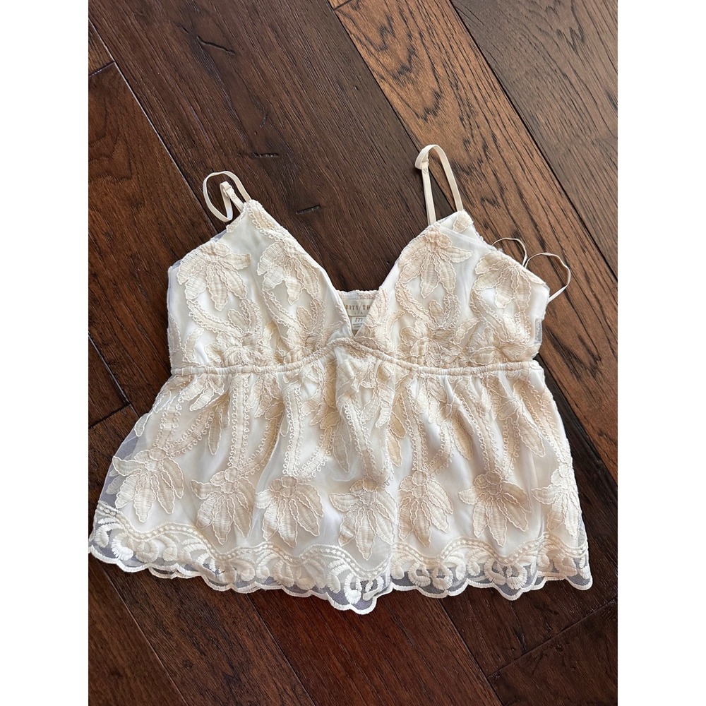 Thirty Thirty LA Cream Floral Embroidered Mesh Camisole Top V-Neck Medium